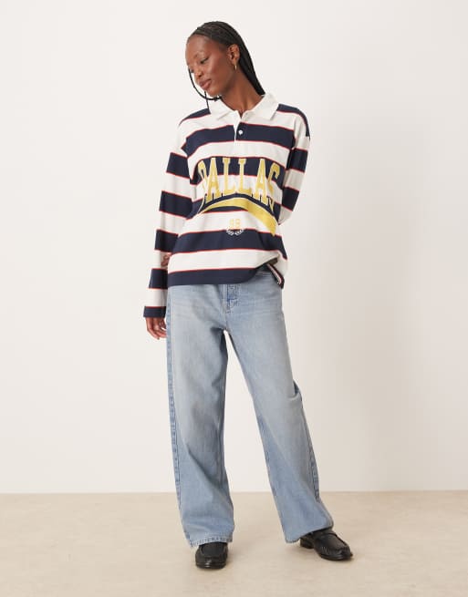 ASOS DESIGN – Oversize-Rugbyshirt in schwarz gestreift mit „Dallas“-Grafiktext-Print und Polokragen, 3 von 4