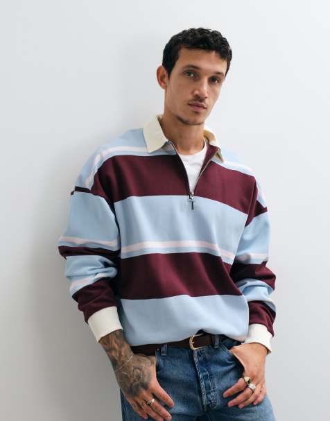 ASOS DESIGN oversize rugbytröja med halv dragkedja, överlappande knappslå och tryckt rand i blått och burgundy - view 1