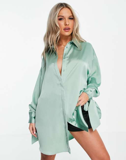 Asos Design Oversize Satinhemd In Jadegrün Mit Bindedetail An Den