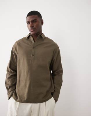Oversize-Schlupfhemd aus Leinenmix in Khaki-Grün Grün XS