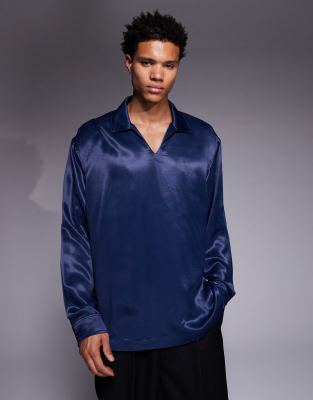 Oversize-Schlupfhemd aus Satin in Marineblau Marineblau M