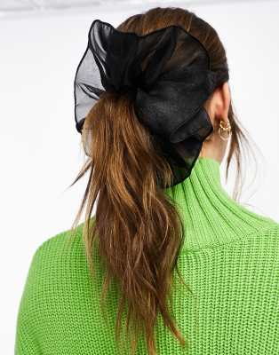 ASOS DESIGN - Oversize-Scrunchie-Haargummi in Schwarz mit Rüschendetail aus Organza