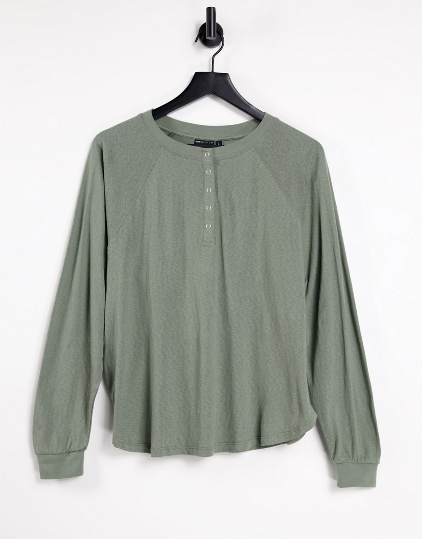 ASOS DESIGN oversize snap front long sleeve t-shirt in khaki-Green