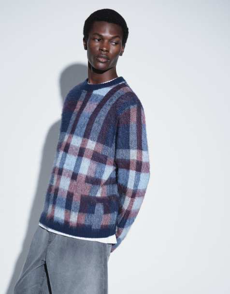 ASOS DESIGN oversize stickad borstad rutig tröja i marinblått - view 1
