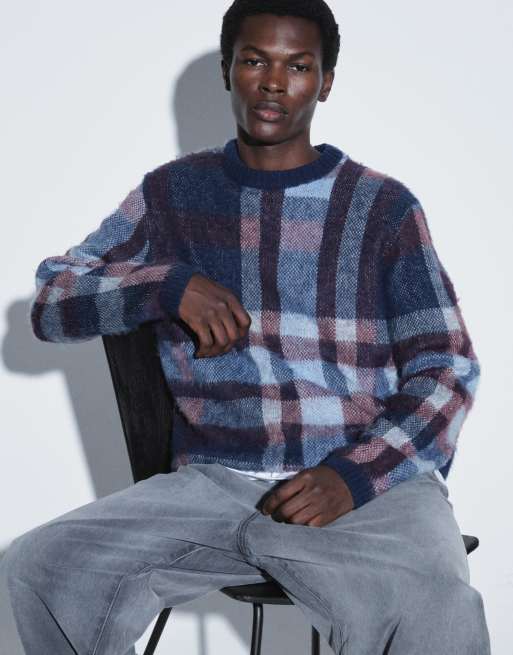 ASOS DESIGN oversize stickad borstad rutig tröja i marinblått, 2 av 5