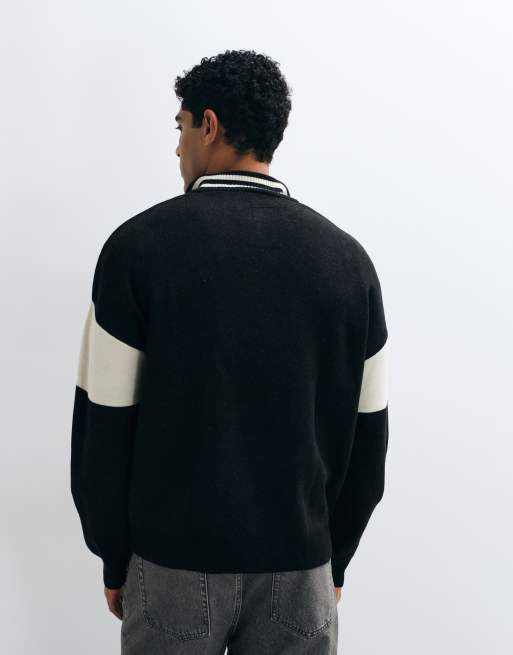 ASOS DESIGN oversize stickad half zip med beige panel och tryck i svart, 4 av 5