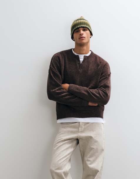 ASOS DESIGN oversize stickad henley-tröja i brun - view 1