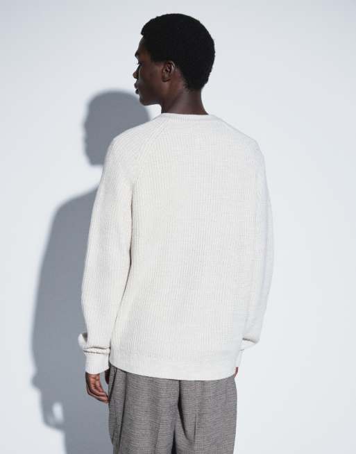 ASOS DESIGN oversize stickad kofta med fiskarresår och rund halsringning i cream, 5 av 5