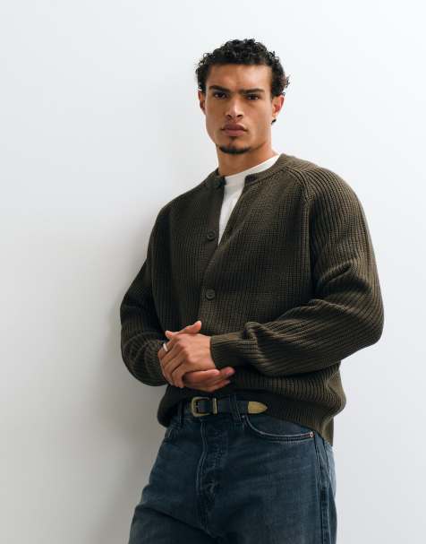 ASOS DESIGN oversize stickad kofta med fiskbensribbstickning och rund halsringning i mörk khaki - view 1