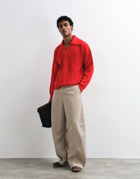 ASOS DESIGN oversize stickad polojumper med extremt öppen krage i rött - view 1