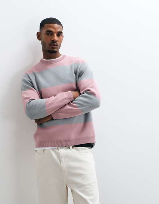 ASOS DESIGN oversize stickad randig tröja i rosa och grått, 4 av 5