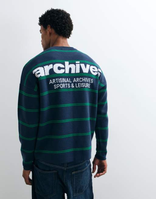 ASOS DESIGN oversize stickad randig tröja med tryck på ryggen i blått, 4 av 5