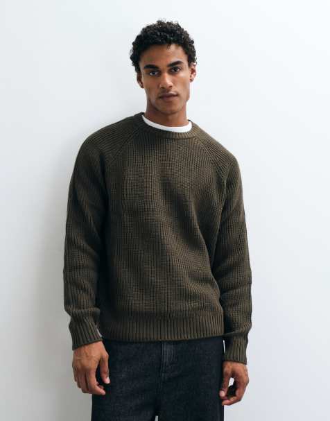 ASOS DESIGN oversize stickad tröja med fiskbensribbstickning i mörk khaki - view 1