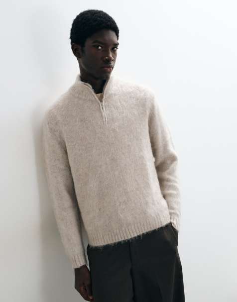 ASOS DESIGN oversize stickad tröja med halv dragkedja i ljus sten - view 1