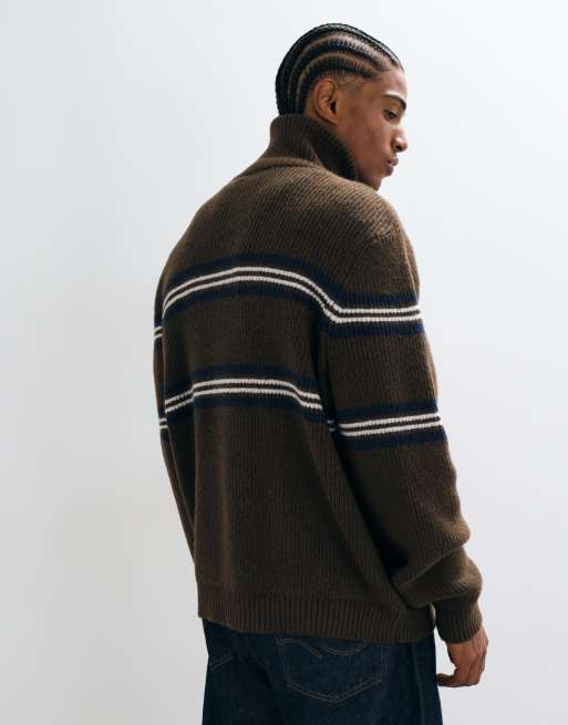 ASOS DESIGN oversize stickad tröja med ståkrage i brun med blå rand, 5 av 5