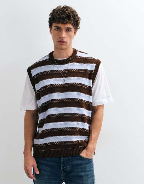 ASOS DESIGN oversize stickad väst med rund halsringning i brun och blå rand - view 1