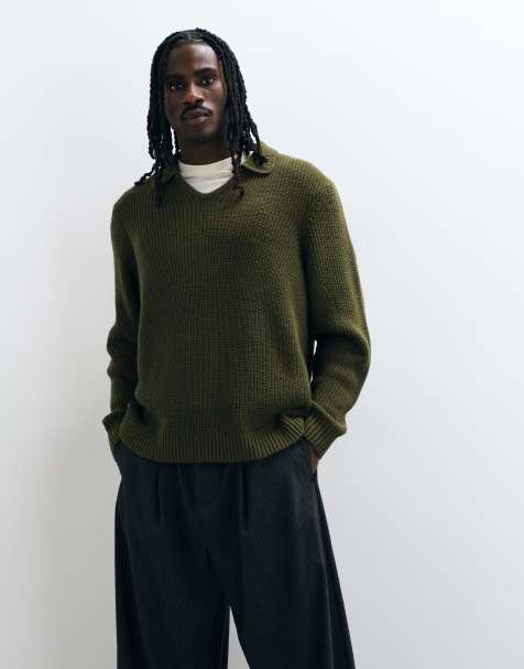 ASOS DESIGN Oversize-Strick-Polo mit Schlitz am Ausschnitt in Khaki - view 1