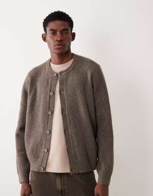 Oversize-Strickjacke aus Wollmix in Braun mit Patentmuster und Rundhalsausschnitt-Brown Brown S