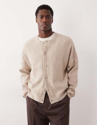Oversize-Strickjacke aus Wollmix in Hellbeige mit Patentmuster und Rundhalsausschnitt-Neutral Neutral L