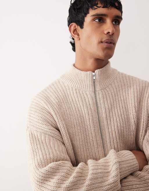ASOS DESIGN – Oversize-Strickjacke in meliertem Beige mit Reißverschluss und Stehkragen, 4 von 5