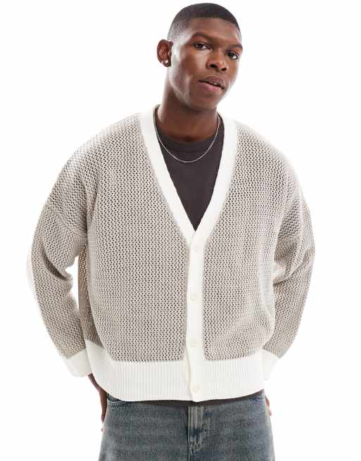 ASOS DESIGN – Oversize-Strickjacke in Neutral mit kurzem Schnitt und Kontastrand