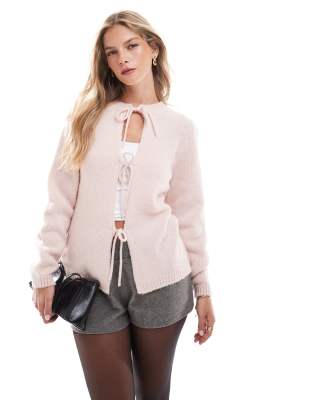 ASOS DESIGN - Oversize-Strickjacke in Rosa mit gebundener Vorderseite