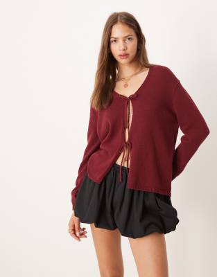 ASOS DESIGN - Oversize-Strickjacke in Rostrot mit gebundener Vorderseite und V-Ausschnitt