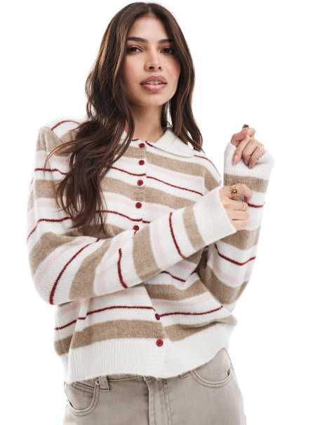 ASOS DESIGN – Oversize-Strickjacke mit Kragen und schokobraunen Streifen - view 1