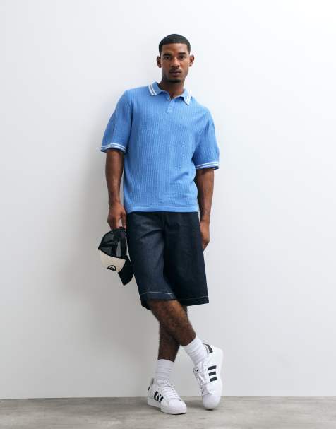 ASOS DESIGN Oversize-Strickpolo mit roter Kontrastkante in Blau - view 1