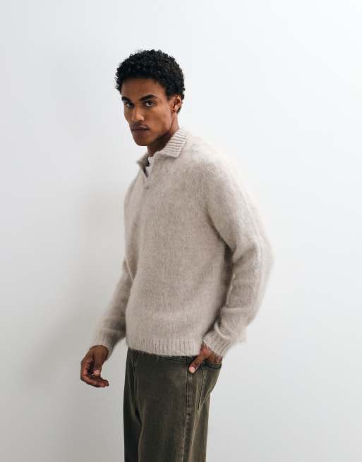 ASOS DESIGN Oversize-Strickpullover aus Mohair mit Schlitz-Ausschnitt in Stone, 4 von 10