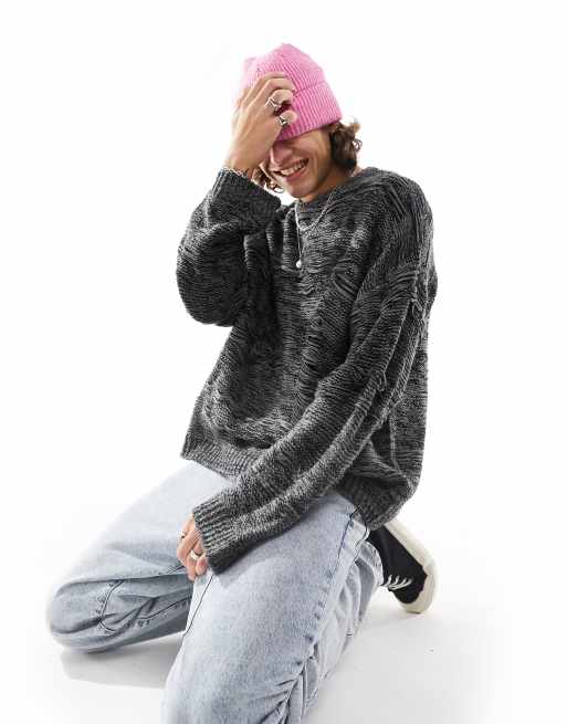 ASOS DESIGN – Oversize-Strickpullover in Anthrazit mit Laufmaschen-Design