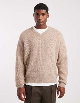Oversize-Strickpullover in Beige mit V-Ausschnitt und Wollanteil-Neutral Neutral XL