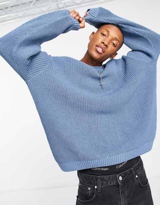 Asos Design Oversize Strickpullover In Blau Mit Halbpatentmuster Asos