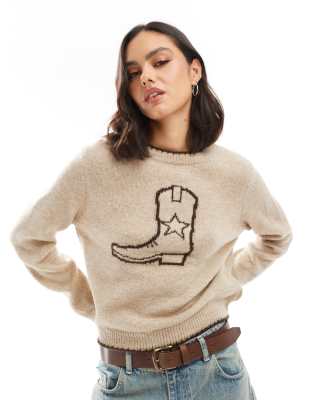 ASOS DESIGN - Oversize-Strickpullover in Cremeweiß mit Cowboystiefel-Motiv