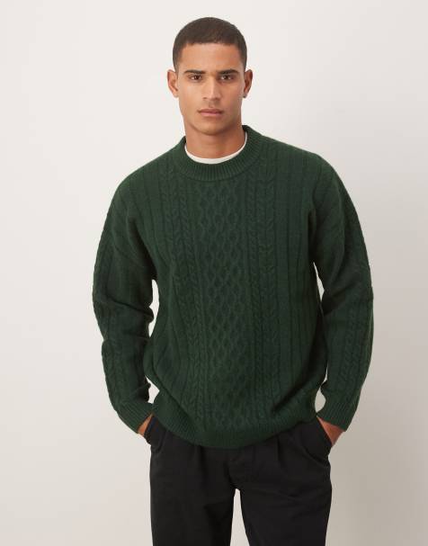 ASOS DESIGN – Oversize-Strickpullover in Dunkelgrün mit Zopfmuster und Rundhalsausschnitt - view 1