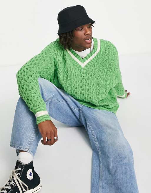 ASOS DESIGN – Oversize-Strickpullover in Hellgrün mit Zopfmuster, V-Ausschnitt und Zierstreifen