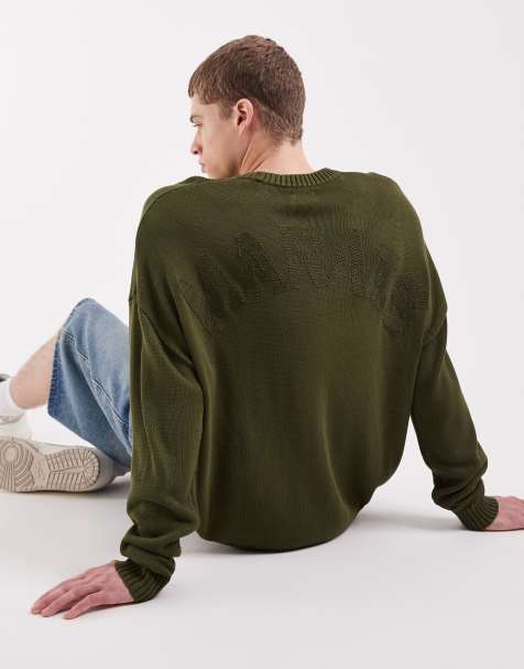 ASOS DESIGN – Oversize-Strickpullover in Khaki mit Rundhalsausschnitt und „Marais“-Stickerei am Rücken - view 1