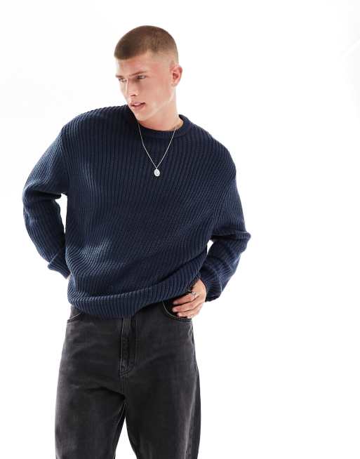 ASOS DESIGN – Oversize-Strickpullover in Marineblau mit Patentmuster und Rundhalsausschnitt