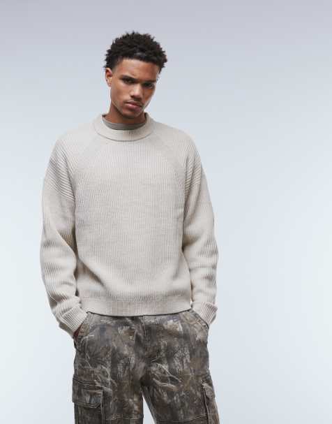 ASOS DESIGN – Kastiger, gerippter Oversize-Strickpullover in Steinbeige meliert mit Patentmuster - view 1