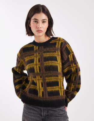 ASOS DESIGN - Oversize-Strickpullover mit angerautem Karomuster in Khaki-Bunt