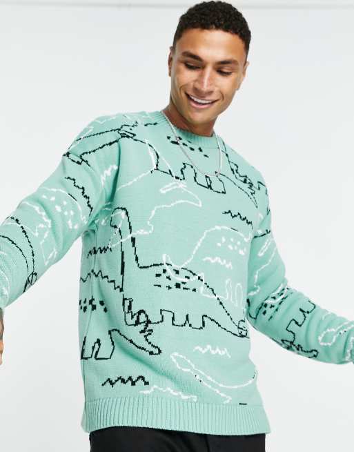 ASOS DESIGN – Oversize-Strickpullover mit Dinosauriermuster in Grün