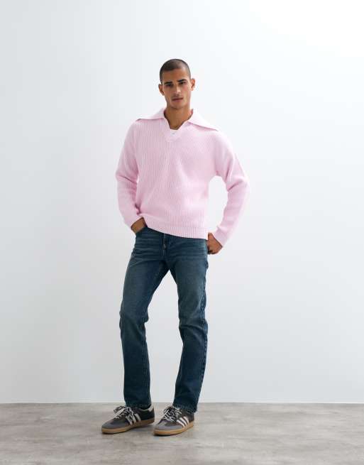 ASOS DESIGN Oversize-Strickpullover mit extrem offenem Polokragen in Hellrosa, 2 von 5