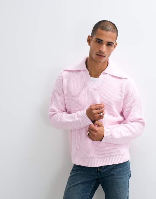 ASOS DESIGN Oversize-Strickpullover mit extrem offenem Polokragen in Hellrosa, 4 von 5