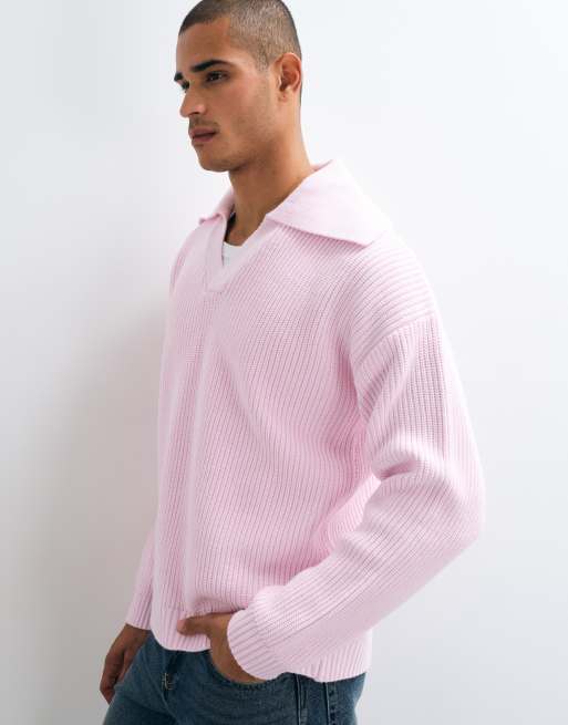 ASOS DESIGN Oversize-Strickpullover mit extrem offenem Polokragen in Hellrosa, 5 von 5