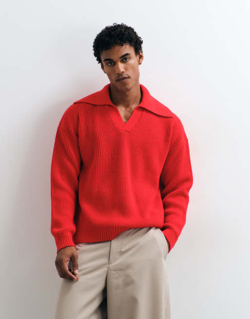 ASOS DESIGN Oversize-Strickpullover mit extrem offenem Polokragen in Rot, 2 von 5