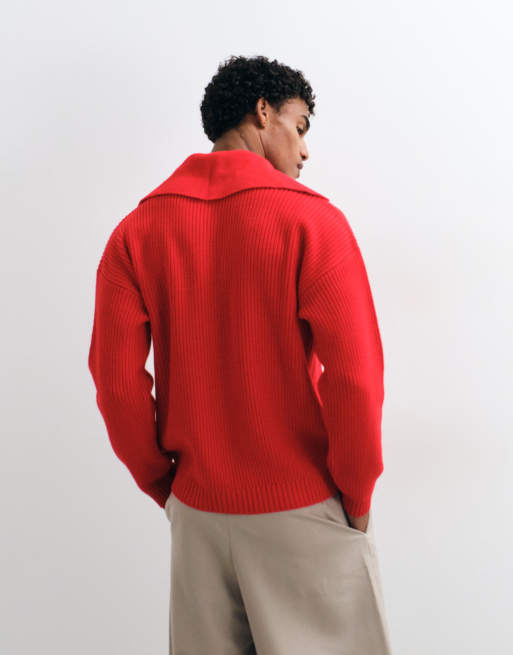 ASOS DESIGN Oversize-Strickpullover mit extrem offenem Polokragen in Rot, 3 von 5