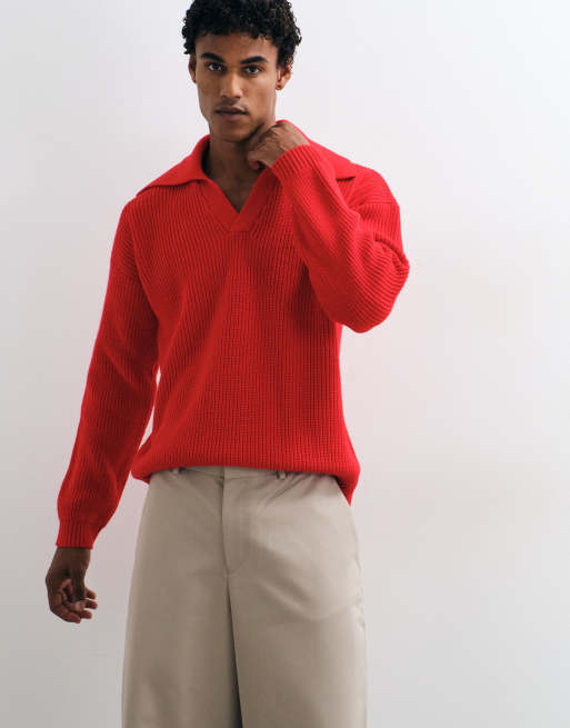 ASOS DESIGN Oversize-Strickpullover mit extrem offenem Polokragen in Rot, 4 von 5