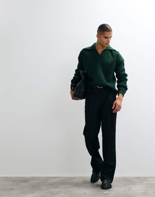 ASOS DESIGN Oversize-Strickpullover mit extrem offenem Polokragen in Waldgrün, 2 von 5