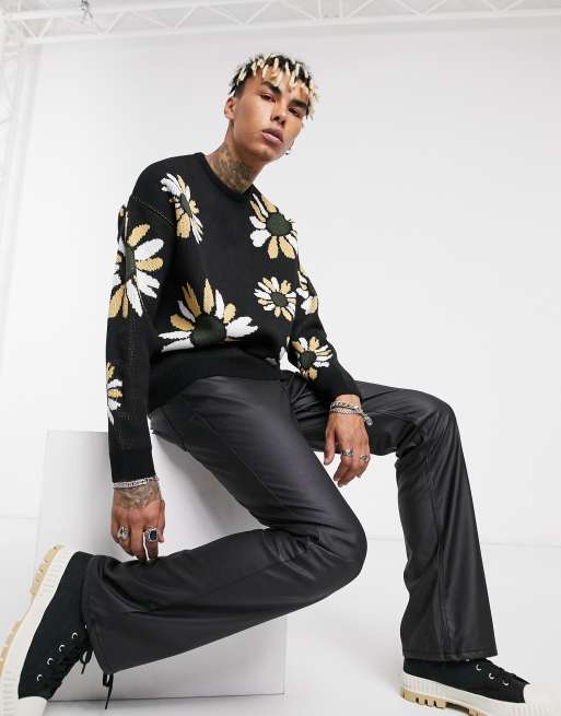 ASOS DESIGN – Oversize-Strickpullover mit floralem Design in Schwarz