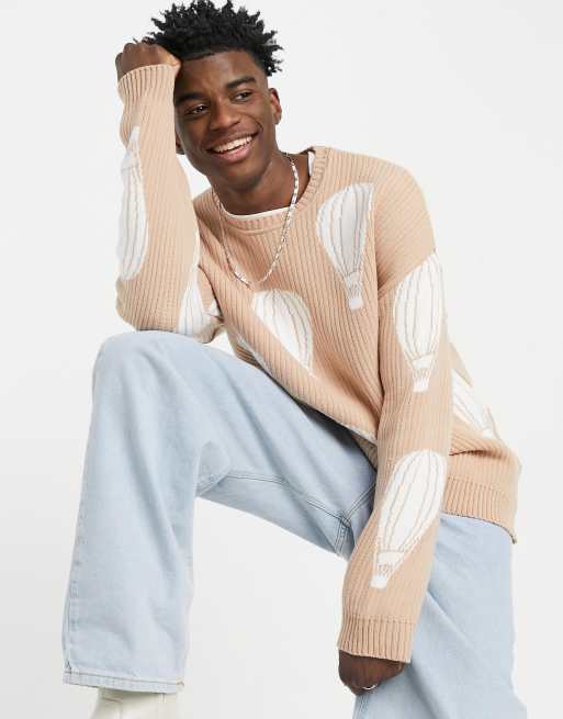 ASOS DESIGN – Oversize-Strickpullover mit Heißluftballon-Motiven in Pfirsich